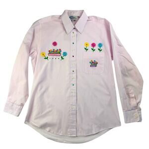 Vintage Las Olas Pink Pinstripe Floral Embroidered Flowers Colored Buttons Shirt